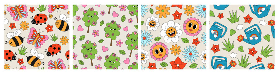 Retro groovy spring seamless patterns set. Vintage collection with insects, blossom trees, flowers and watering can on beige background. Cartoon vector illustration for wallpaper, textile, packaging