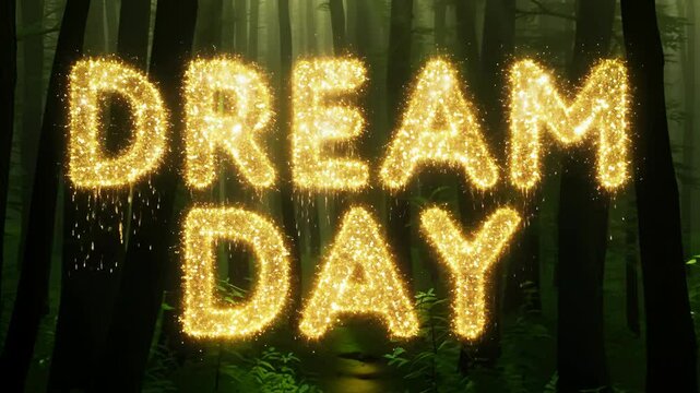 The word dream day is written in gold letters. The letters are made of glitter and are surrounded by trees