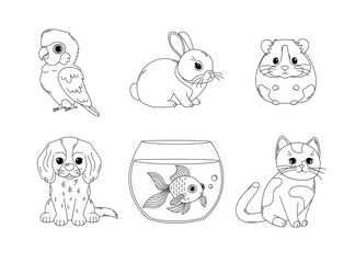 Home pets coloring page. Outline set with parrot, rabbit, hamster, dog, fish and cat. Cute domestic animals. Pet store, veterinary clinic design. Coloring book for print. Vector contour illustration