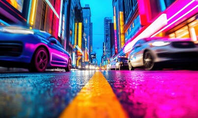 Obraz premium Vibrant City Street with Neon and LED Lights