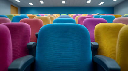 Colorful chairs in empty lecture hall, education concept