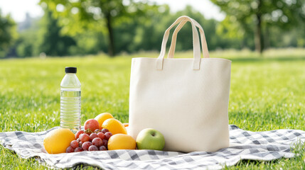 White tote bag mockup is lying on picnic checked blanket in park with fresh fruits and water bottle, perfect for summer leisure and healthy lifestyle