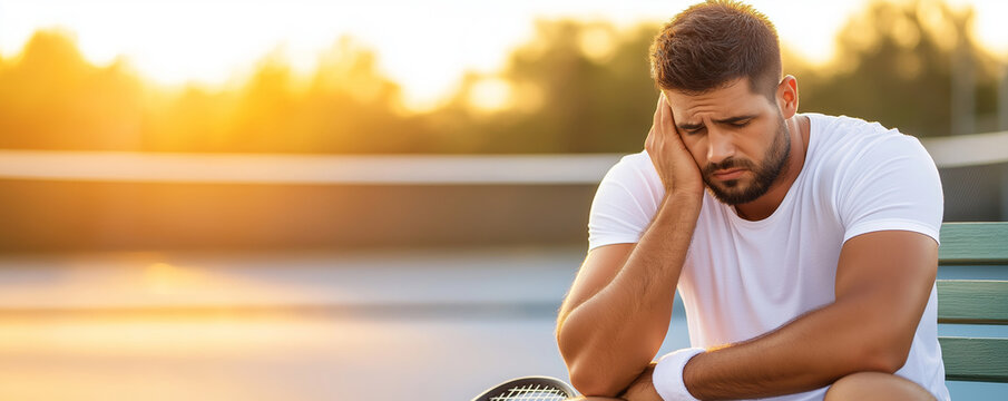 Exhausted tennis player sitting on a bench after a match, holding his head, with his racket leaning beside him, during a vibrant sunset on a blue hardcourt