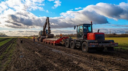 Fototapeta premium A large tractor is pulling a large piece of equipment