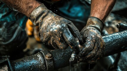 Skilled Worker Repairs Equipment in Dirty Gloves with Water Dripping