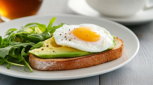 Sliced avocado and a poached egg sit atop a piece of toasted multi-grain bread, accompanied by a fresh arugula salad, creating a vibrant and nutritious breakfast option