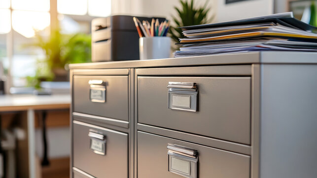 Modern metal filing cabinet with labeled drawers positioned in a busy workspace filled with folders, pens, and a printer, all illuminated by natural light