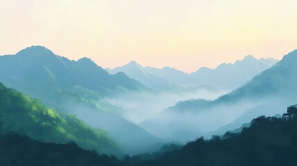 Obraz premium Serene Misty Mountainscape at Sunrise Soft Hues