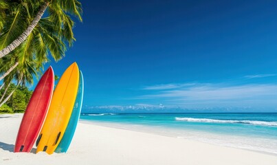 Colorful Surfboards on Tropical Beach with Palm Trees