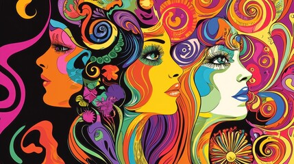 Colorful Abstract Illustration of Three Female Faces with Swirls