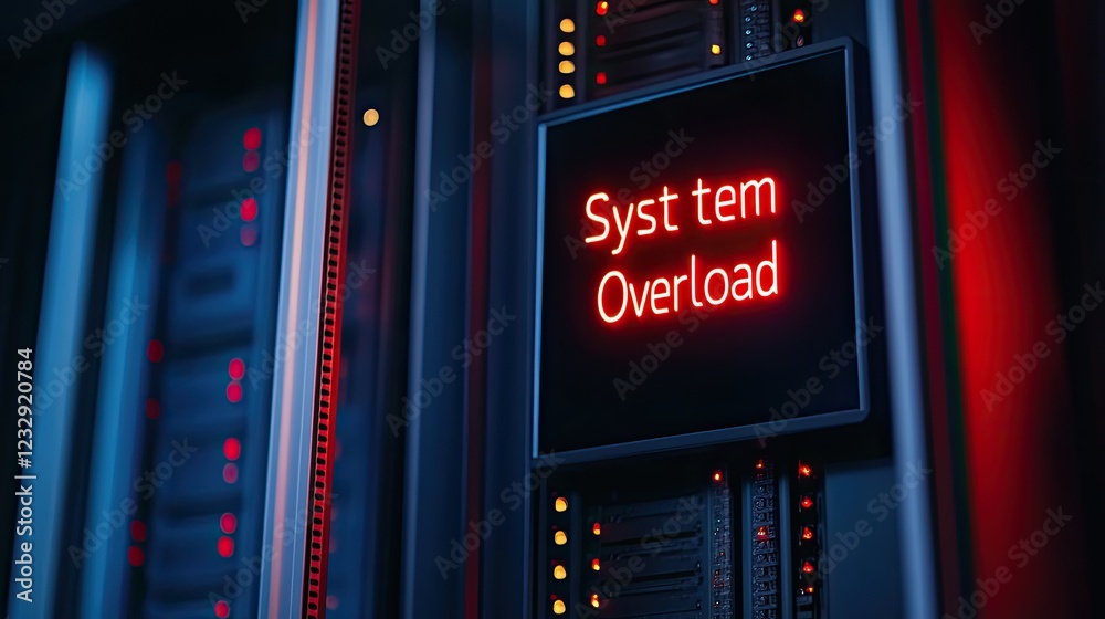 Poster System Overload Warning Displayed On Server Rack