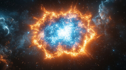 Obraz premium Spectacular supernova explosion in deep space showing blue core and orange plasma waves against starry cosmic background