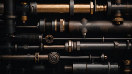 Intricate Arrangement of Industrial Pipes and Fittings Displaying a Variety of Textures, Shapes, and Materials in a Complex, Modern Artwork Style