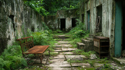 overgrown garden with rusting furniture and crumbling walls creates haunting atmosphere. Nature reclaims space, showcasing vibrant greenery
