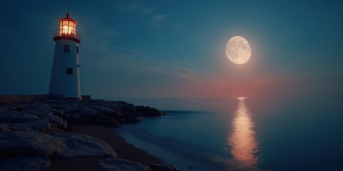 Obraz premium A serene night scene featuring a lighthouse illuminated by a glowing moon, perfect for themes of guidance, safety, and coastal beauty.