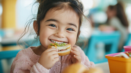 Cheerful preschool girl of latin american descent enjoys her sandwich during lunch break at school cafeteria, showing genuine happiness and satisfaction