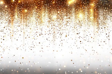 Gold glitter falling on white background with shimmering light rays