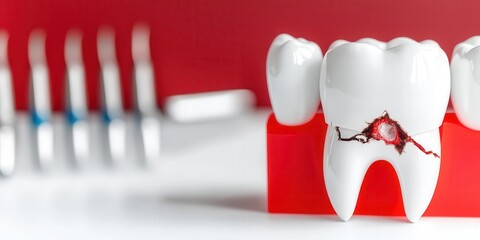 Close-up of a cracked tooth model on a dental background.