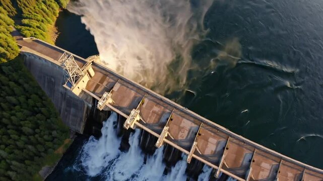 A breathtaking, ultra-realistic cinematic view of a massive hydroelectric dam seamlessly integrated into a lush, mountainous landscape. 