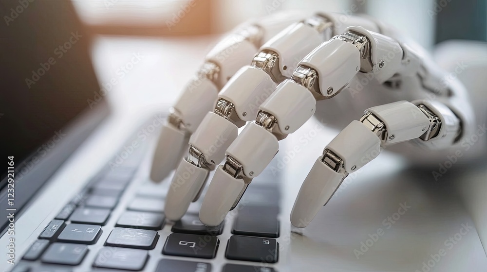 Poster robotic hand typing on a laptop keyboard