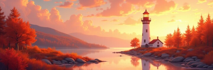 A serene sunset view of a lighthouse, surrounded by vibrant autumn colors and calm waters, symbolizing guidance and tranquility in nature.