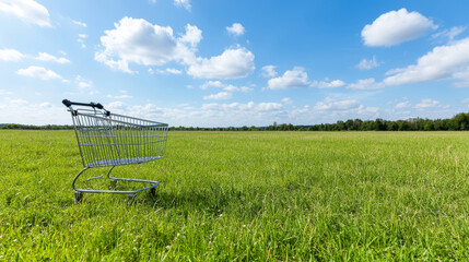 Wide-angle minimalist image featuring a single shopping trolley abandoned in a grassy field, surrounded by nature under a bright, cloudless sky, symbolizing consumerism