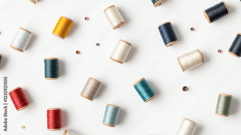 Poster Colorful spools of thread arranged on a white background