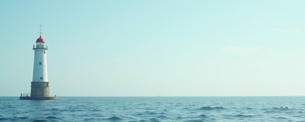 A serene lighthouse standing tall amidst calm waters, symbolizing guidance and safety. Perfect for maritime, travel, and inspirational themes.