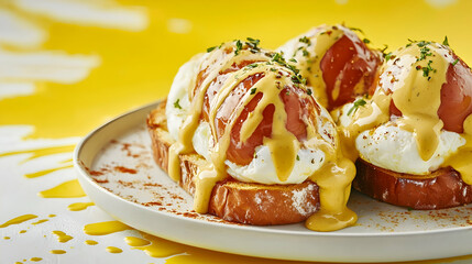 A luxurious plate of eggs benedict with hollandaise sauce against a pastel yellow splash