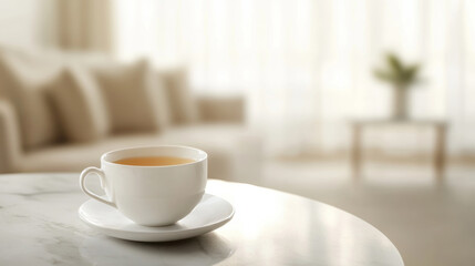 Porcelain teacup with steaming liquid resting on marble surface, soft natural light illuminating delicate white ceramic against polished background, suggesting peaceful morning moment