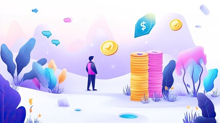 Man observes stacks of coins and digital currency rewards