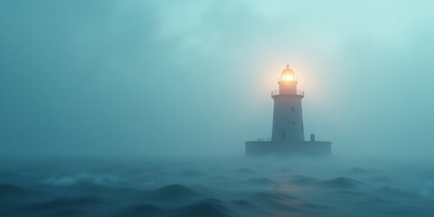 A serene lighthouse stands resilient in foggy waters, its light cutting through the mist, symbolizing hope and guidance amidst uncertainty.