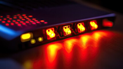 Illuminated Network Device Close Up Showing Ports