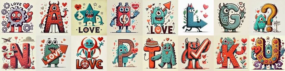 Love monsters Lettering Typeface. AI generated illustration