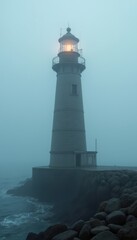 A misty lighthouse stands tall by the coast, its beacon shining through the fog, symbolizing guidance and safety in maritime navigation.
