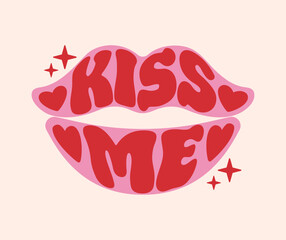 vector illustration featuring the phrase Kiss me in bold, hippy psychedelic lettering. The design groovy phrase, shape of lips creating a playful and retro atmosphere that evokes love and positivity.
