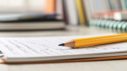 Open notebook displaying handwritten mathematical equations on grid paper with a pencil on top. Indicating studying and problem-solving in an educational setting. With blurred books in the background
