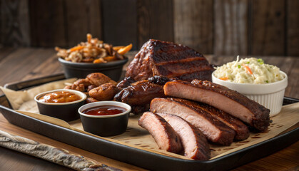 Barbecue ribs with sides and dipping sauces on tray