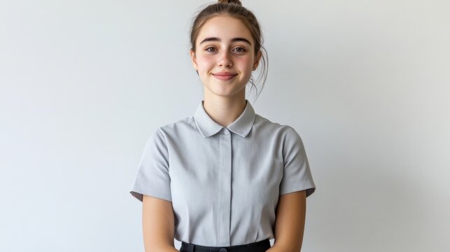 young woman with hair in a bun smiling confidently on a white background