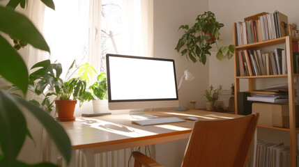 Fototapeta premium Sunlight streams through window onto minimalist home office desk with computer displaying blank screen, surrounded by lush indoor plants, creating a calm and productive workspace
