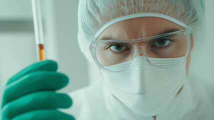Scientist in protective clothing handling orange-liquid pipette during precise laboratory research, conducting scientific experiment with professional concentration