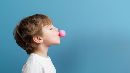 Young boy with closed eyes inflating a pink bubble gum balloon on a bright blue background, representing concepts like childhood, fun, and sweetness