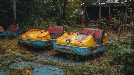 Obraz premium Abandoned bumper cars in an overgrown amusement park setting