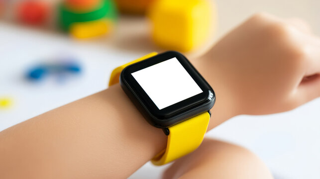 Close-up of a child's wrist wearing a smartwatch with a blank screen and a yellow strap, with colorful toys blurred in the background, suggesting a playful and educational environment