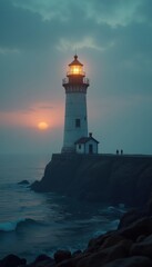 A serene lighthouse standing against a misty sunset, symbolizing guidance and safety, perfect for coastal tourism, maritime themes, or inspirational business messaging.