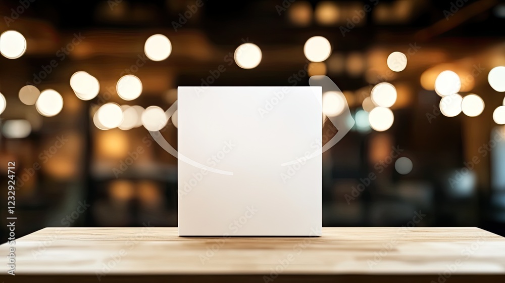 Poster white blank box on wooden table in cafe setting