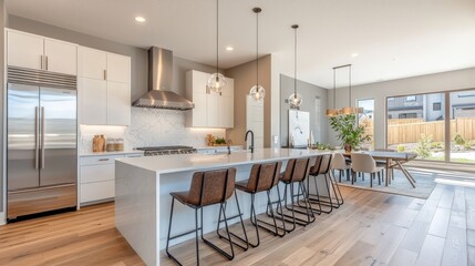 A kitchen with a white counter and a stainless steel stove