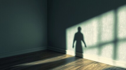 Obraz premium Shadowy Figure in Sunlit Room with Empty Corner and Wooden Floor