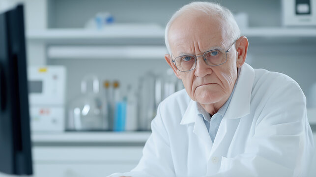 Professional scientist in white lab coat working at sleek workstation, examining research data on computer screen with intense concentration in sterile laboratory environment