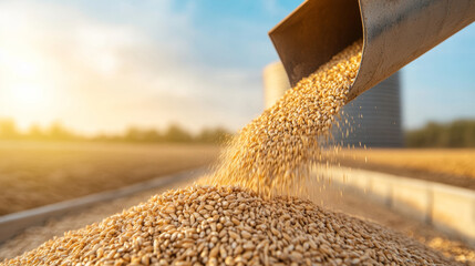 Golden grains of wheat pouring from a grain truck into a storage silo in a vast cultivated field, bathed in the warm glow of the setting sun, showcasing the process of harvesting and storing crops